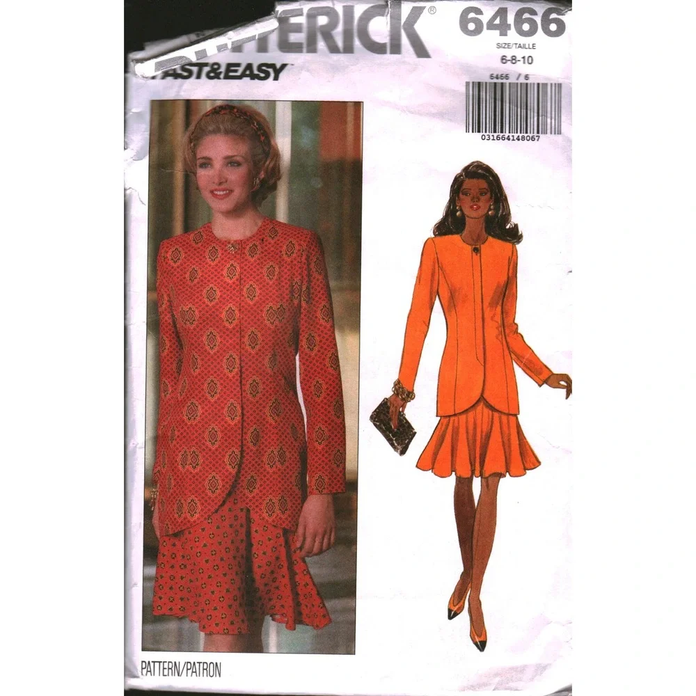 Butterick 6466 Sewing Pattern Misses Petite Top Skirt Size 6-8-10 1992 Vintage